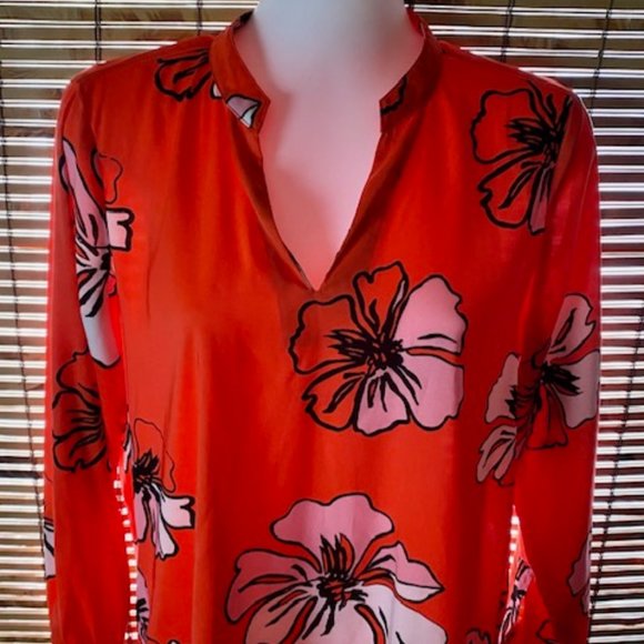Vince Camuto Bright Orange & Pink Tropcial Hibiscus Blooms Blouse - Picture 14 of 14
